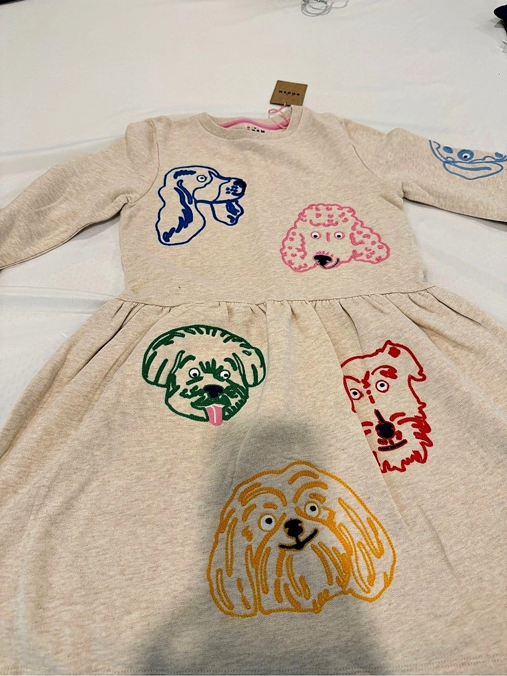 Mini Boden Cozy Sweatshirt Dress Dog Graphic Cream & Pink Size 8-9Y